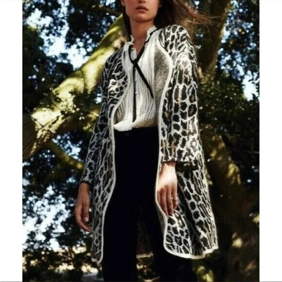 Whimsigoth Leopard Print Longline Cardigan Wool Blend Open Front Knit Sweater  L - Picture 3 of 11